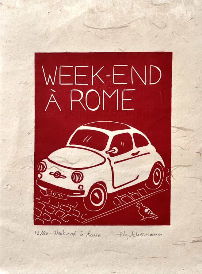 Editions d'art de PHILIPPE ACHERMANN a pour titre  WEEK-END A ROME style figuratif, graphique dim : PHILIPPE ACHERMANNprix:40