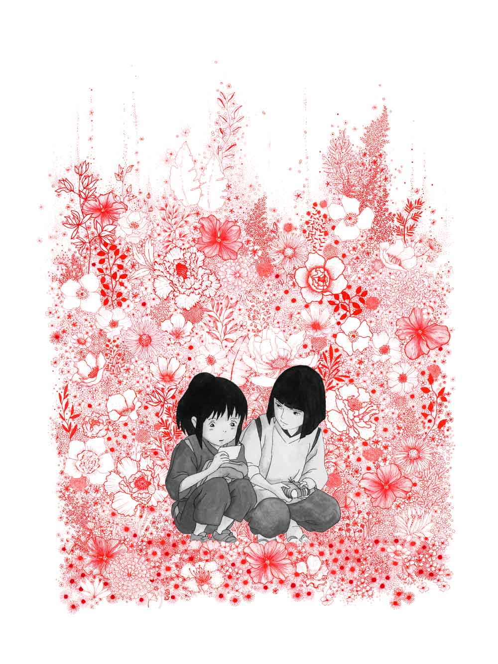 Editions d'art de CAMILLE POLI a pour titre  FLOWER CHIHIRO rouge style figuratif, graphique dim : CAMILLE POLIprix:90
