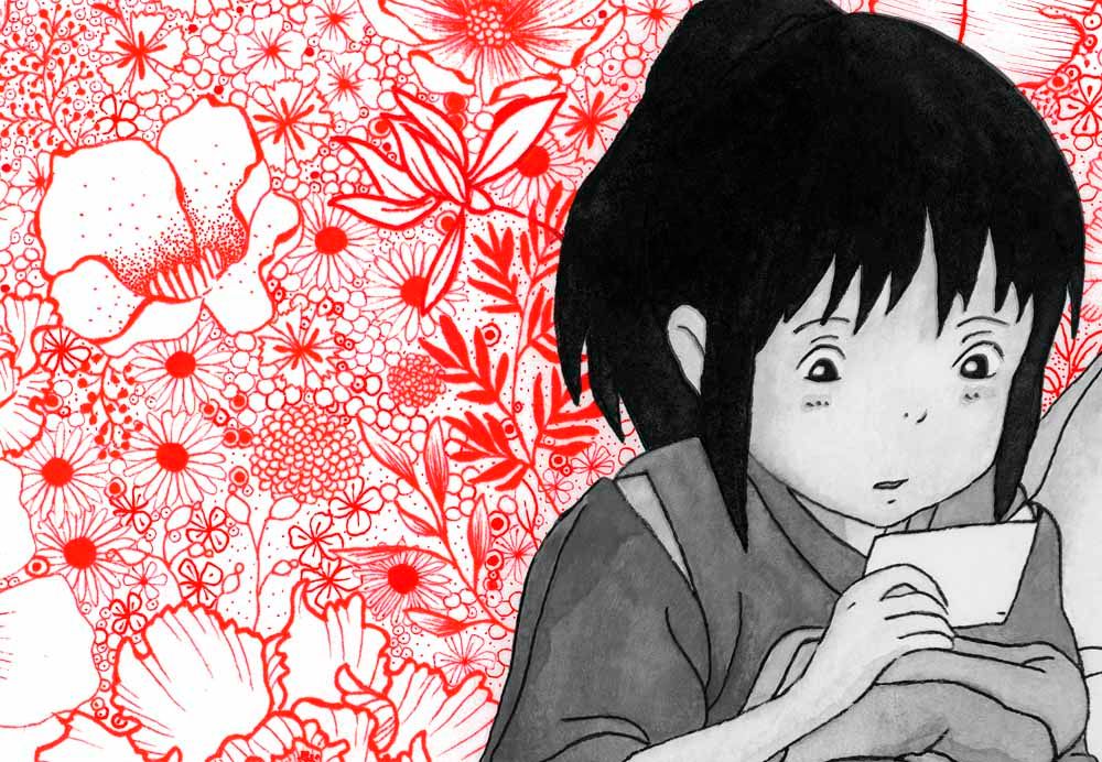 Editions d'art de CAMILLE POLI a pour titre  FLOWER CHIHIRO rouge style figuratif, graphique dim : CAMILLE POLIprix:90