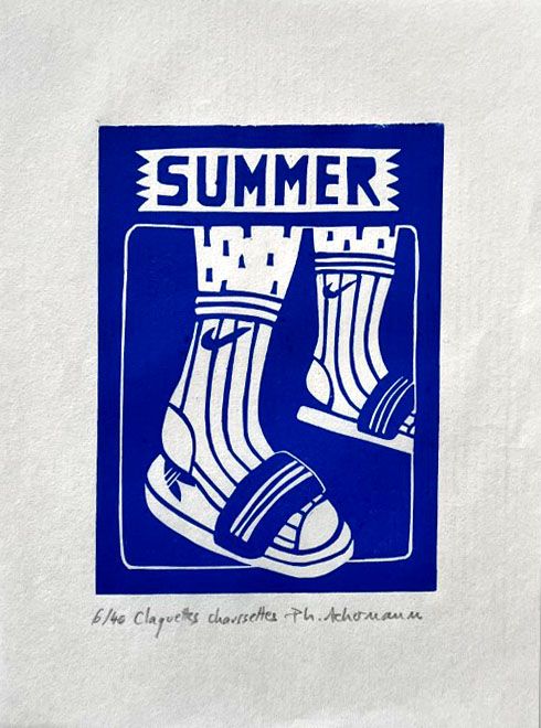 Editions d'art de PHILIPPE ACHERMANN a pour titre  CLAQUETTES CHAUSSETTES style figuratif, graphique dim : PHILIPPE ACHERMANNprix:40