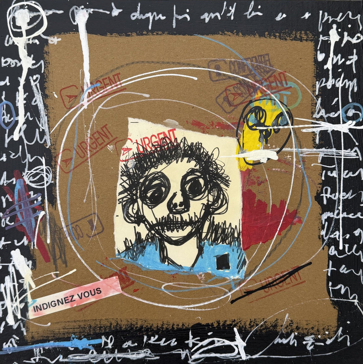 Dessin acrylique et technique mixte sur carton de Larbi Zaidi, Indignez-vous II, 25 x 25 cm