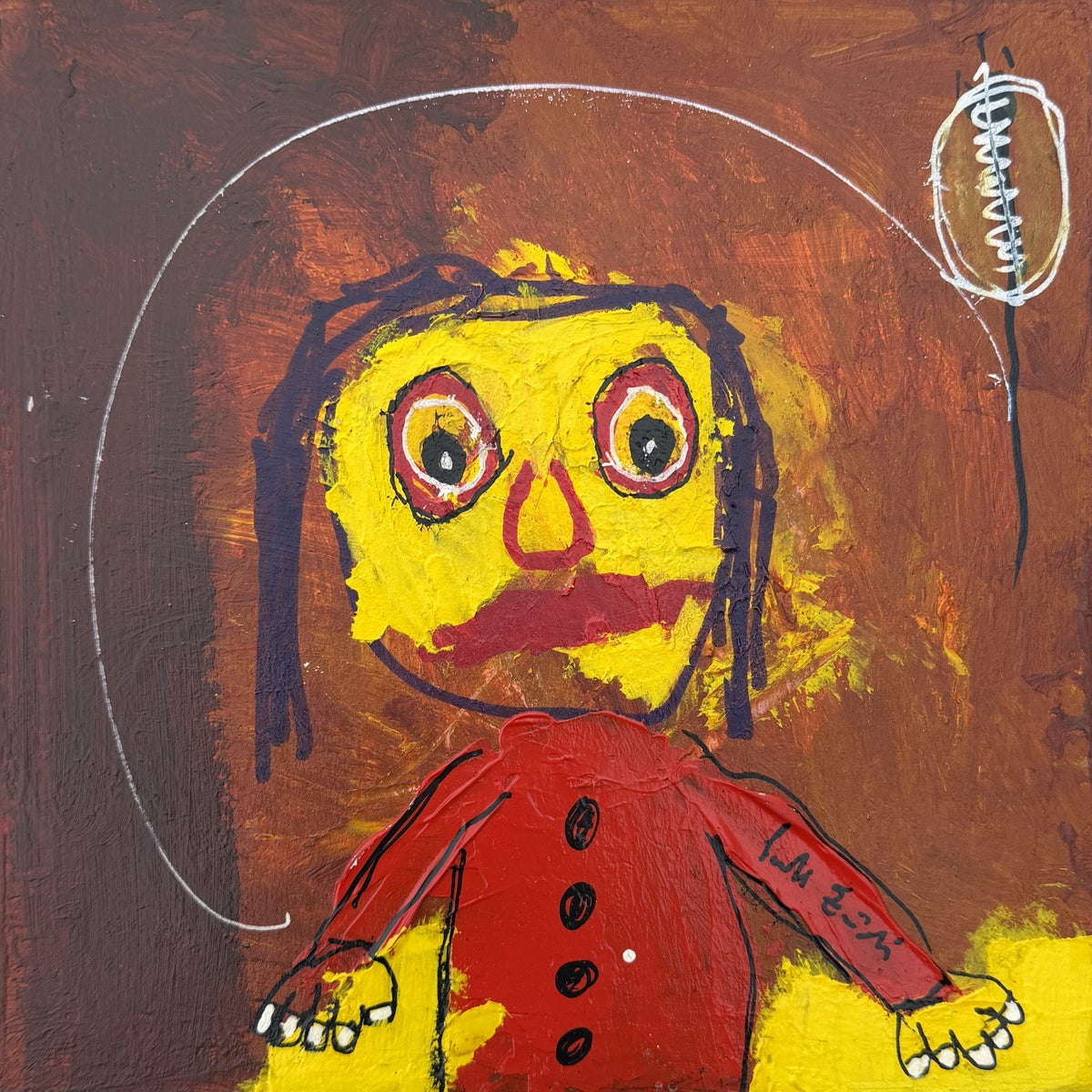 Dessin art brut de Larbi Zaidi, acrylique et technique mixte sur carton, 19 x 19 cm, tons rouge et jaune
