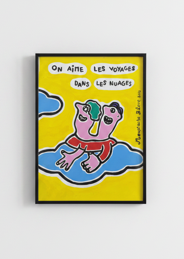 Dessin On aime les voyages dans les nuages de MOUSTACHE BLEUE dans un intérieur – 17 × 22 cm
