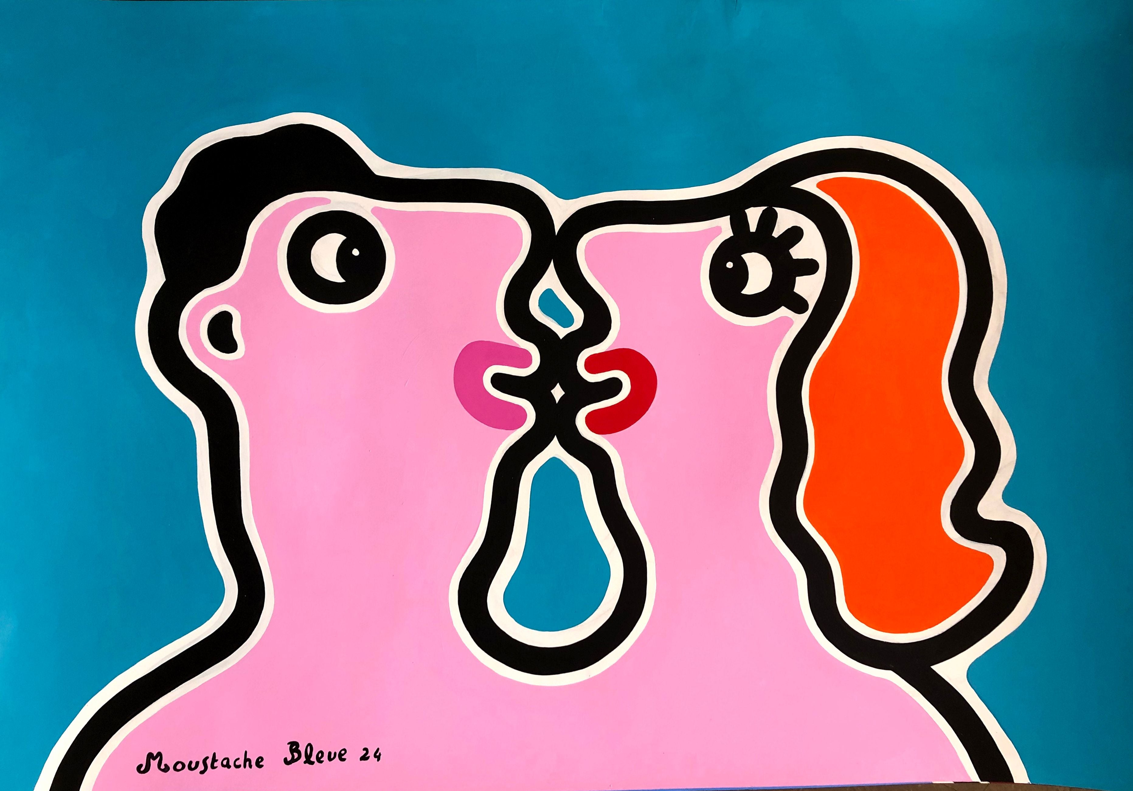 Dessin figuratif grand format bleu Amoureux – MOUSTACHE BLEUE – 100 × 70 cm