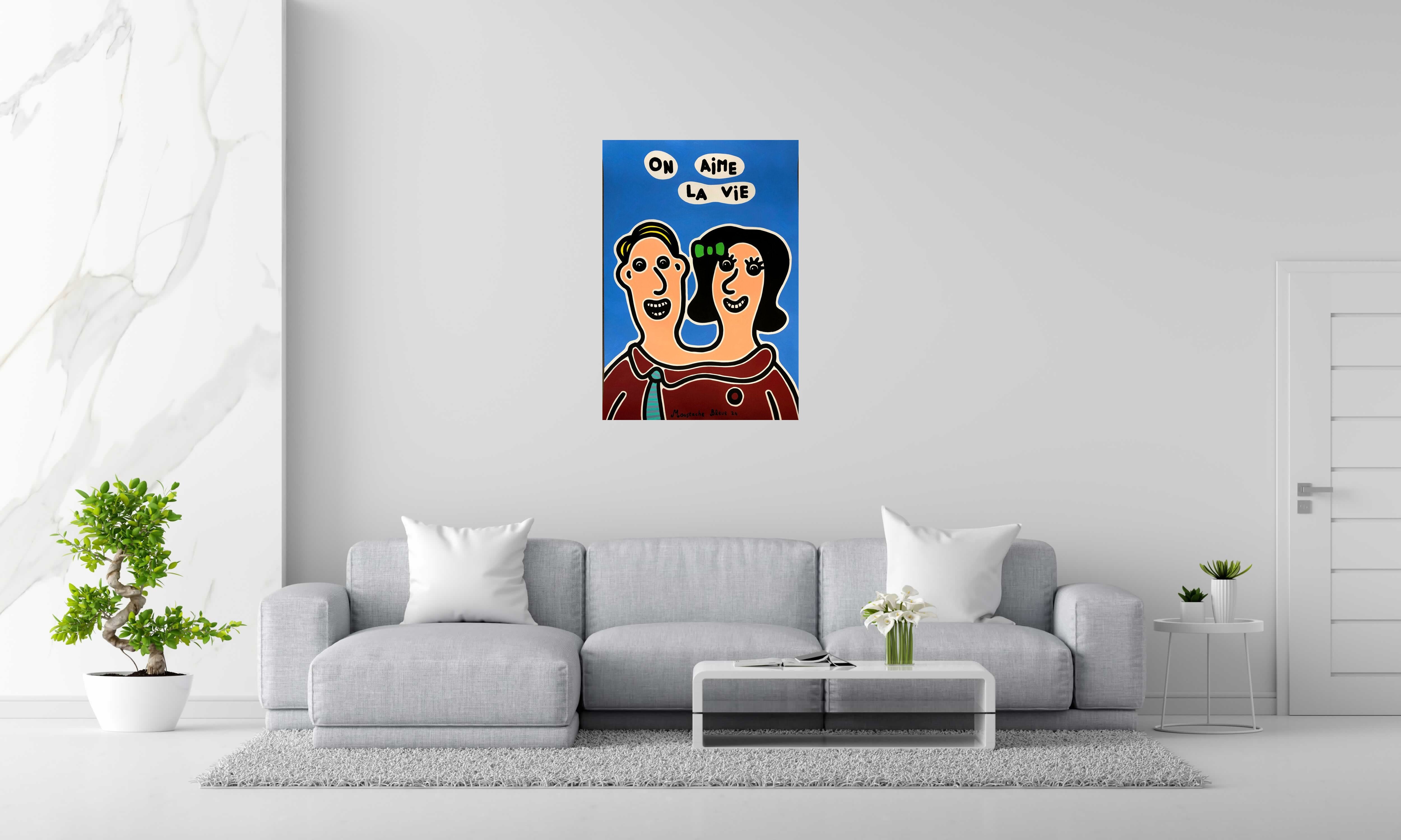 Dessin On aime la vie de MOUSTACHE BLEUE dans un intérieur – 70 × 100 cm