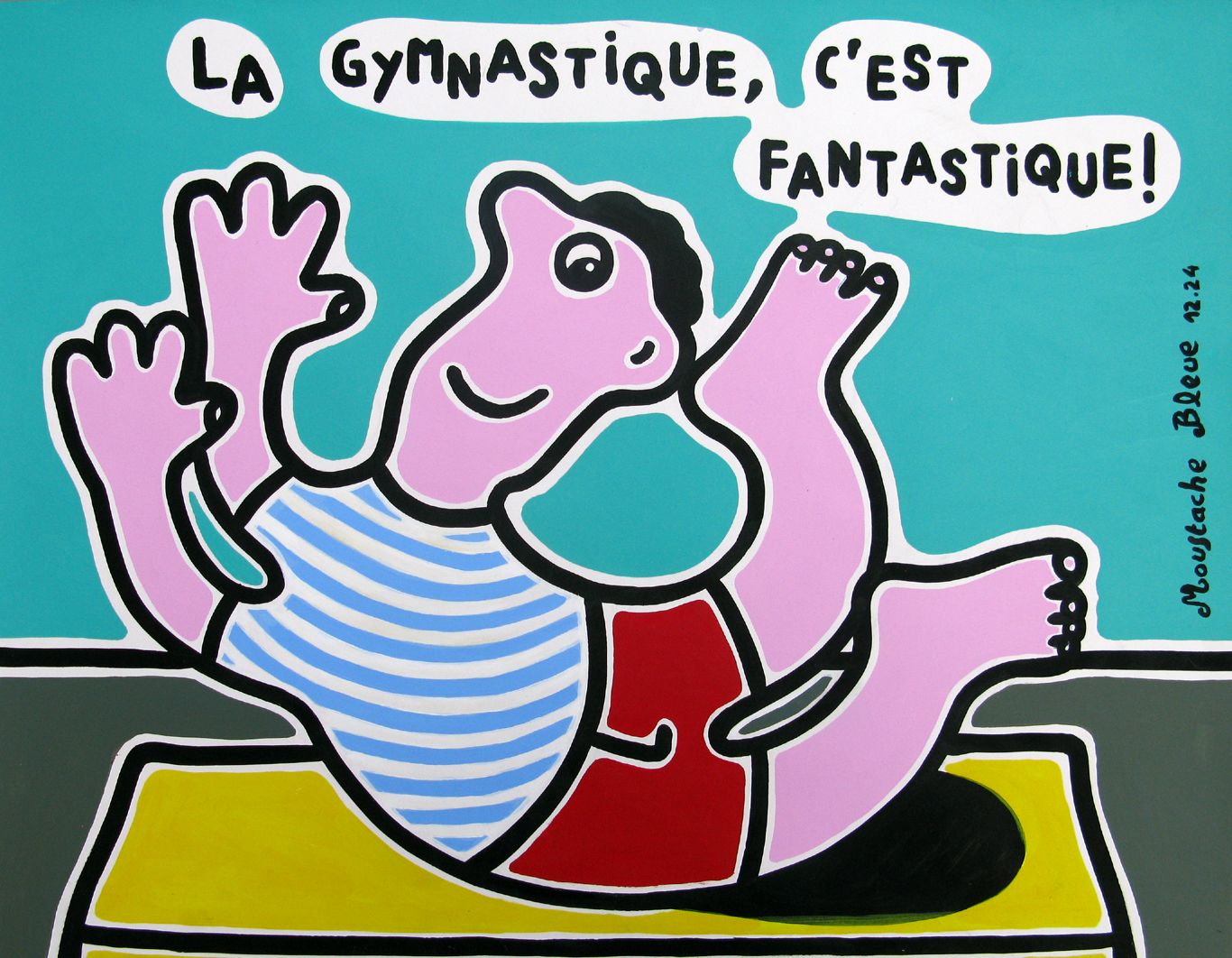 Dessin figuratif moyen format bleu La gymnastique, c'est fantastique! – MOUSTACHE BLEUE – 50 × 65 cm