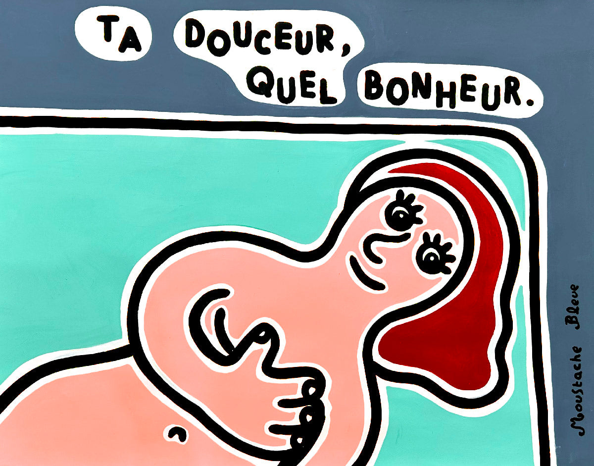 Dessin figuratif moyen format bleu Ta douceur, quel bonheur – MOUSTACHE BLEUE – 50 × 65 cm