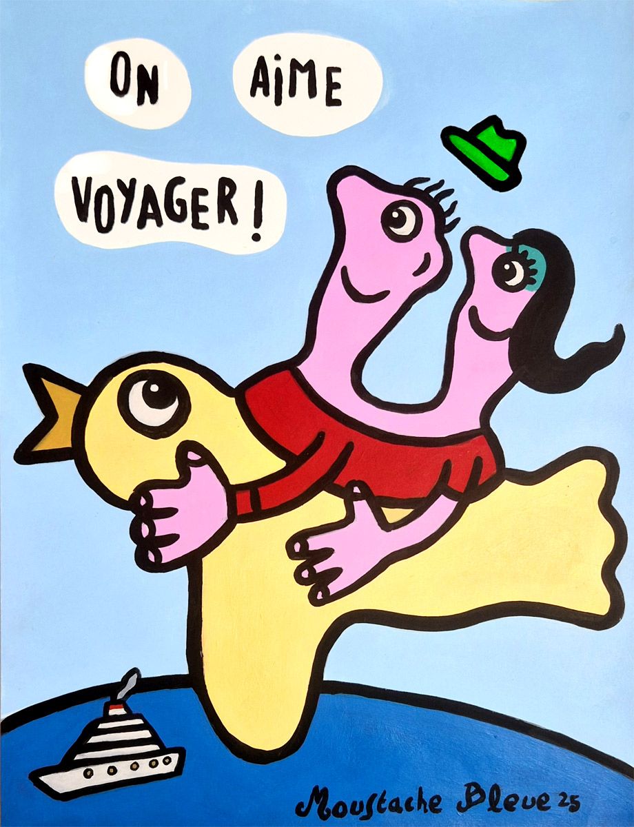 Dessin figuratif petit format bleu On aime voyager ! – MOUSTACHE BLEUE – 30 × 40 cm