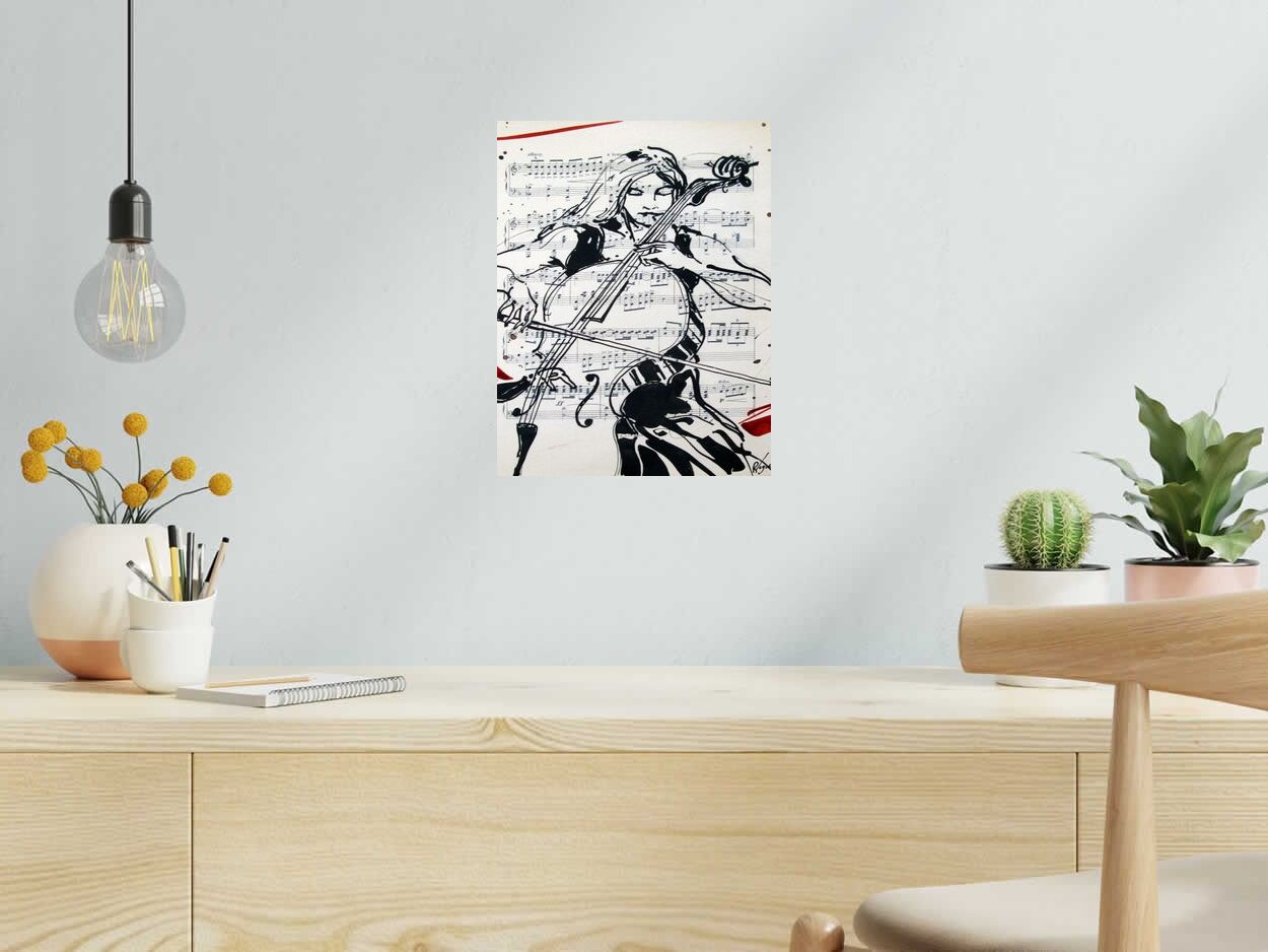 Dessin VIOLONCELLISTE de CYRIL REGUERRE dans un intérieur – 35 × 27 cm
