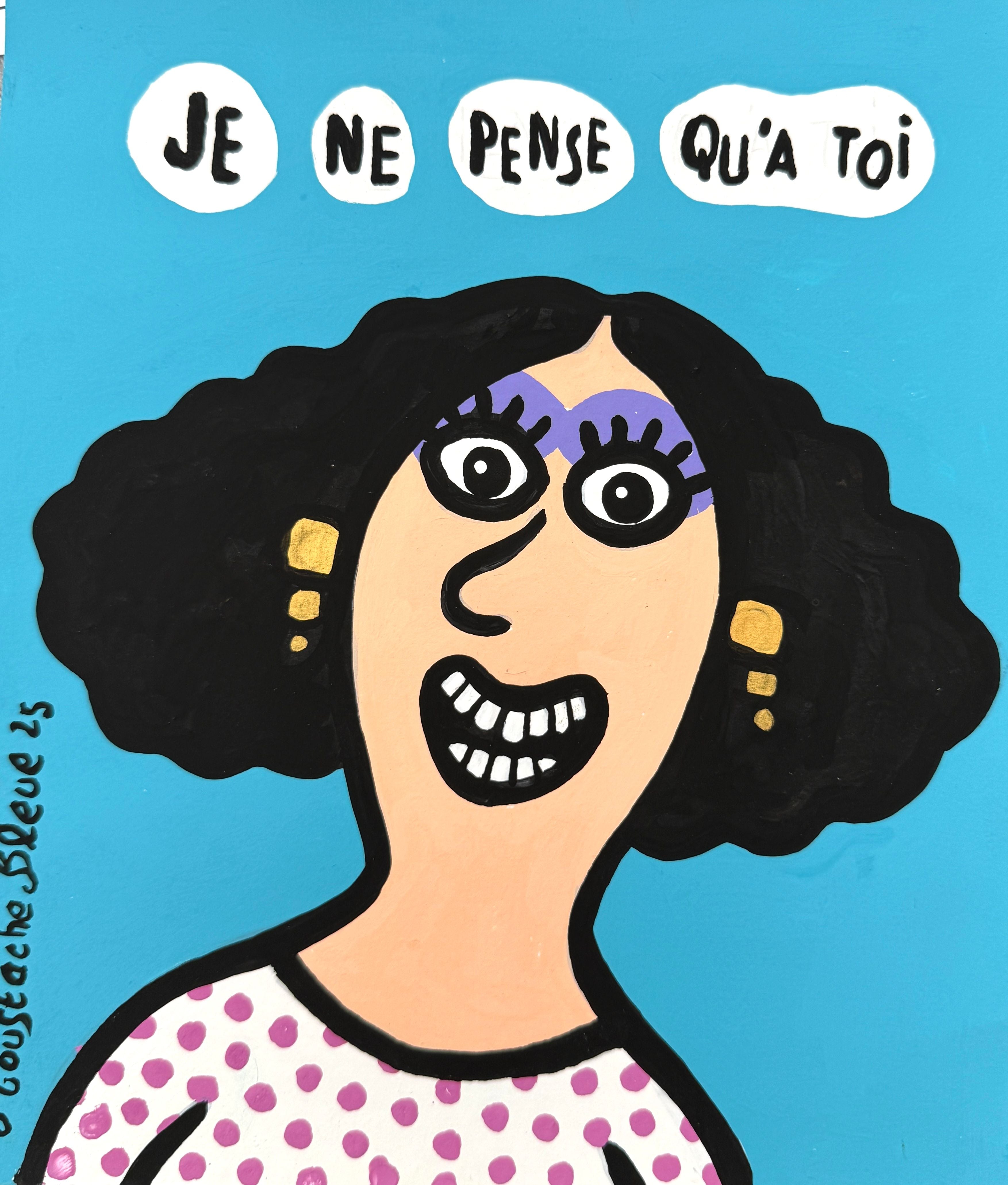 Dessin figuratif petit format Je ne pense qu'à toi – MOUSTACHE BLEUE – 21 × 25 cm