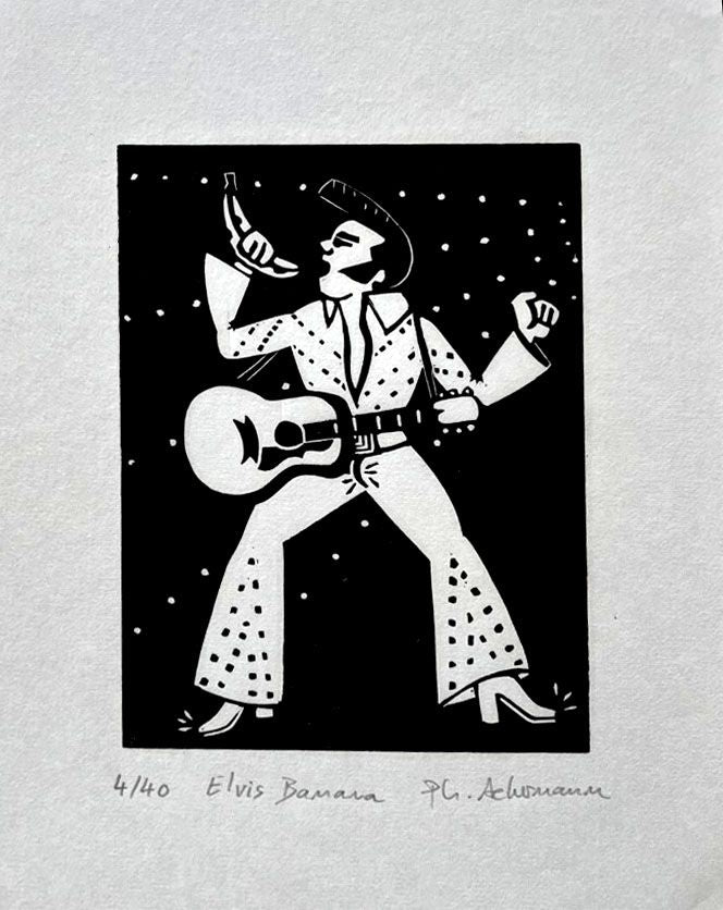 Dessin graphique petit format blanc et noir ELVIS BANANA – PHILIPPE ACHERMANN – 24 × 19 cm