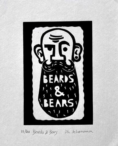 Dessin graphique petit format noir BEARDS & BEARS – PHILIPPE ACHERMANN – 24 × 18 cm