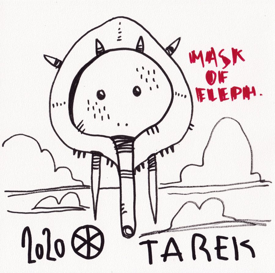 Dessin graphique petit format noir et rose MASK OF ELEPH – TAREK – 21 × 21 cm