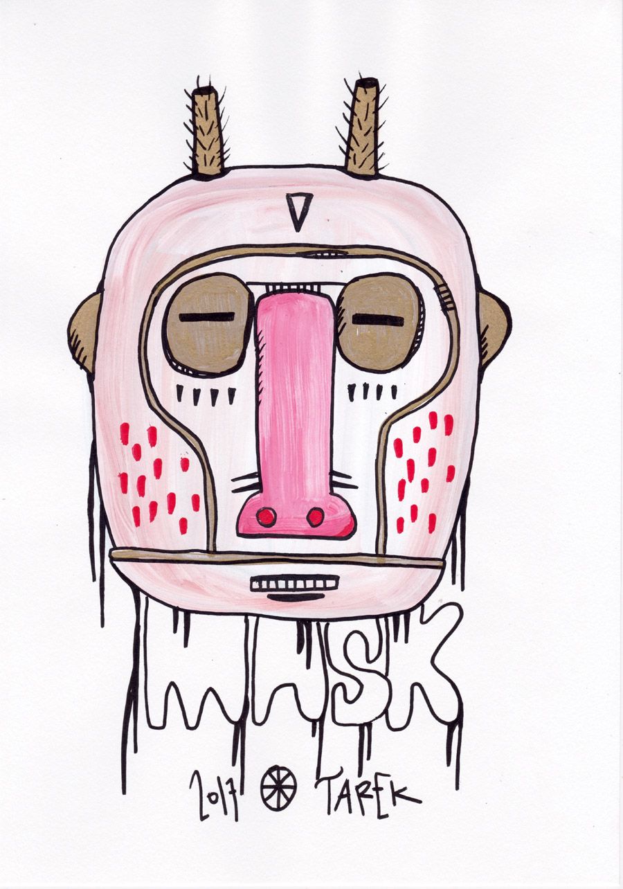 Dessin graphique petit format DRIPPY MASK – TAREK – 7 × 21 cm