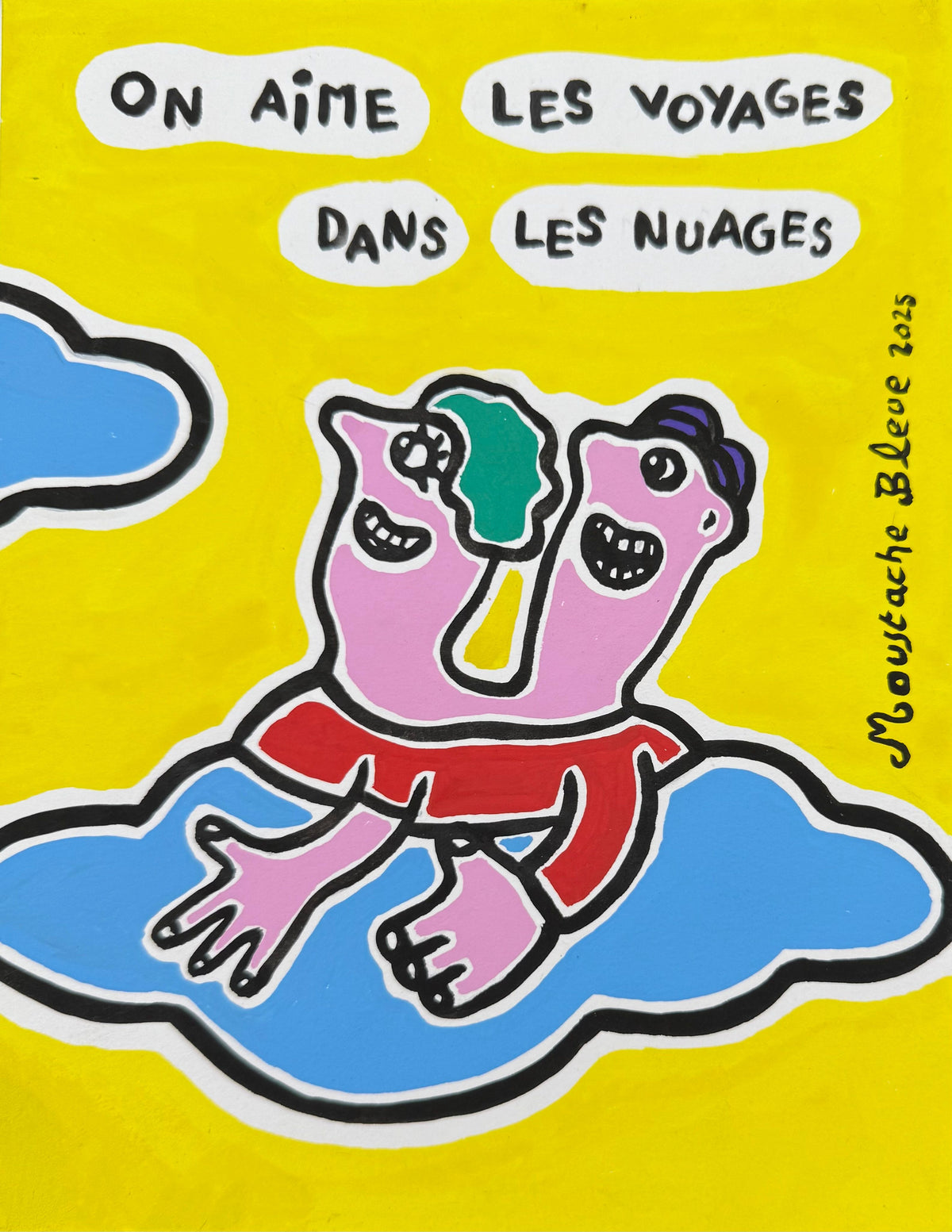 Dessin à la gouache sur papier de Moustache Bleue, petit format jaune, intitulé On aime les voyages dans les nuages