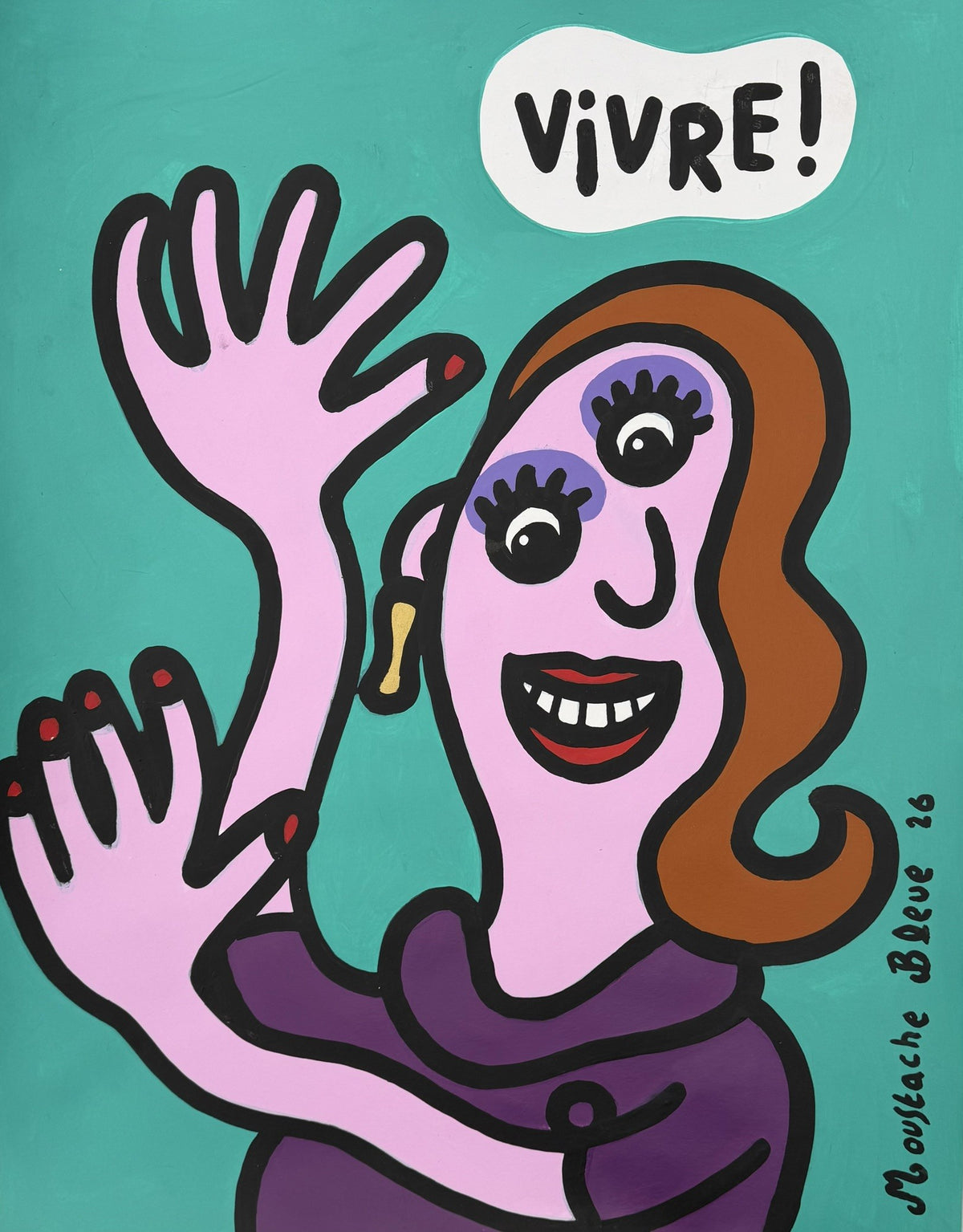 Dessin acrylique sur papier en vert et rose de Moustache Bleue, format 50 x 65 cm, style illustration