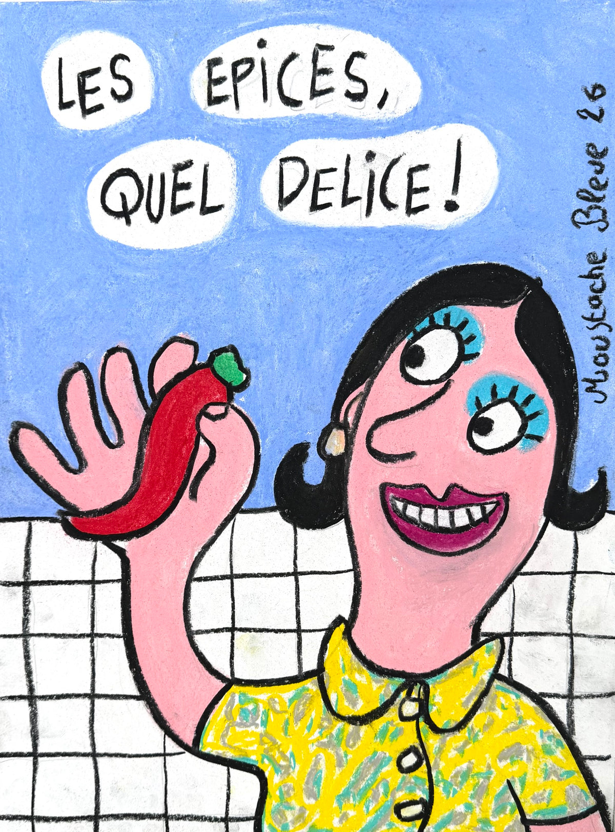 Dessin au pastel sur papier de Moustache Bleue, Les épices, quel délice !, 30 x 40 cm, style illustration