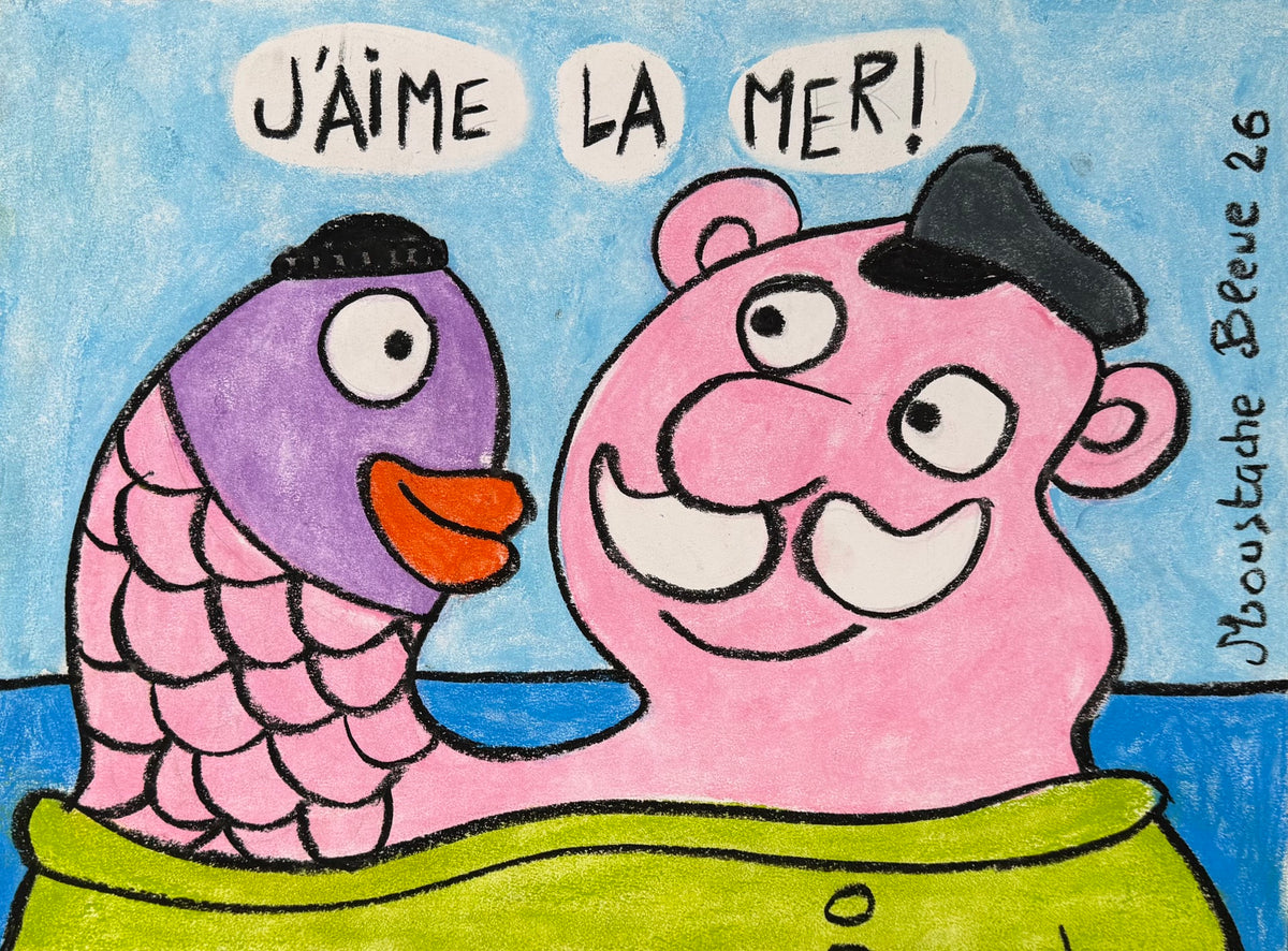 Dessin au pastel bleu et rose de Moustache Bleue, petit format 30 x 40 cm, intitulé J'aime la mer !