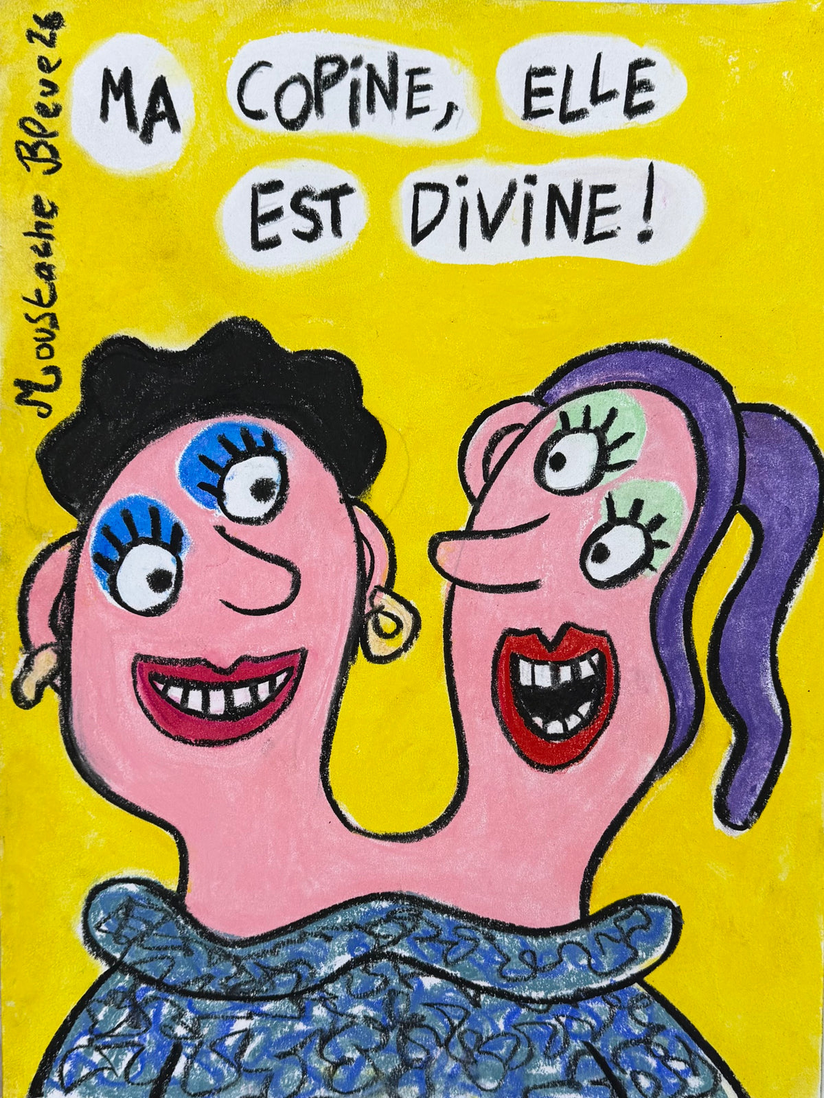 Dessin au pastel sur papier de Moustache Bleue, petit format 30 x 40 cm, style illustration, tonalités jaunes