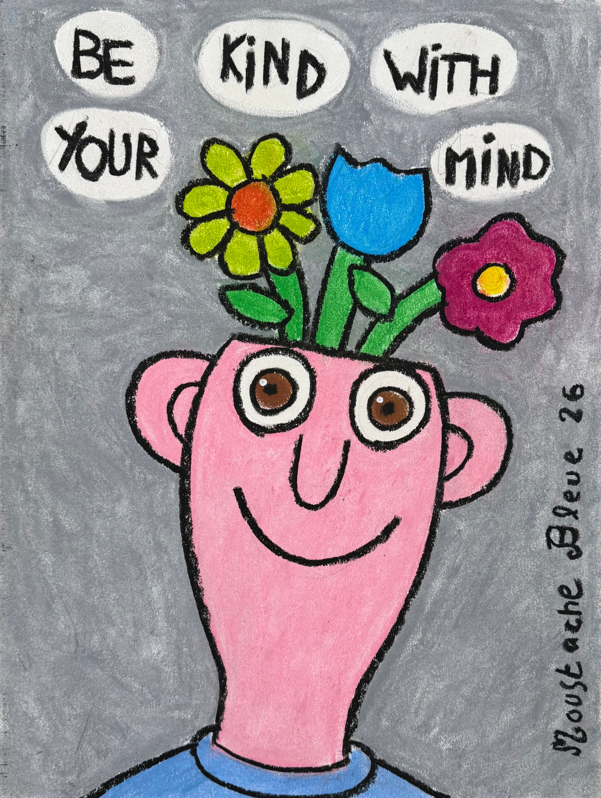 Dessin au pastel rose et gris de Moustache Bleue, petit format 30 x 40 cm, style illustration