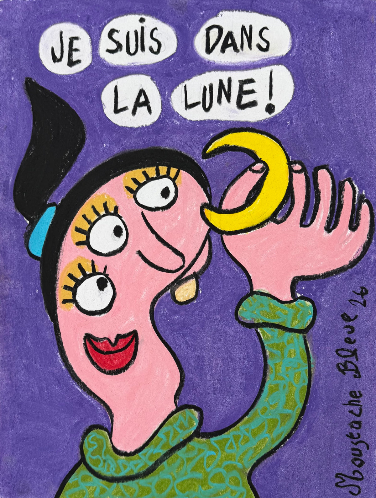 Dessin au pastel violet sur papier de Moustache Bleue, intitulé Je suis dans la lune !, petit format 30 x 40 cm