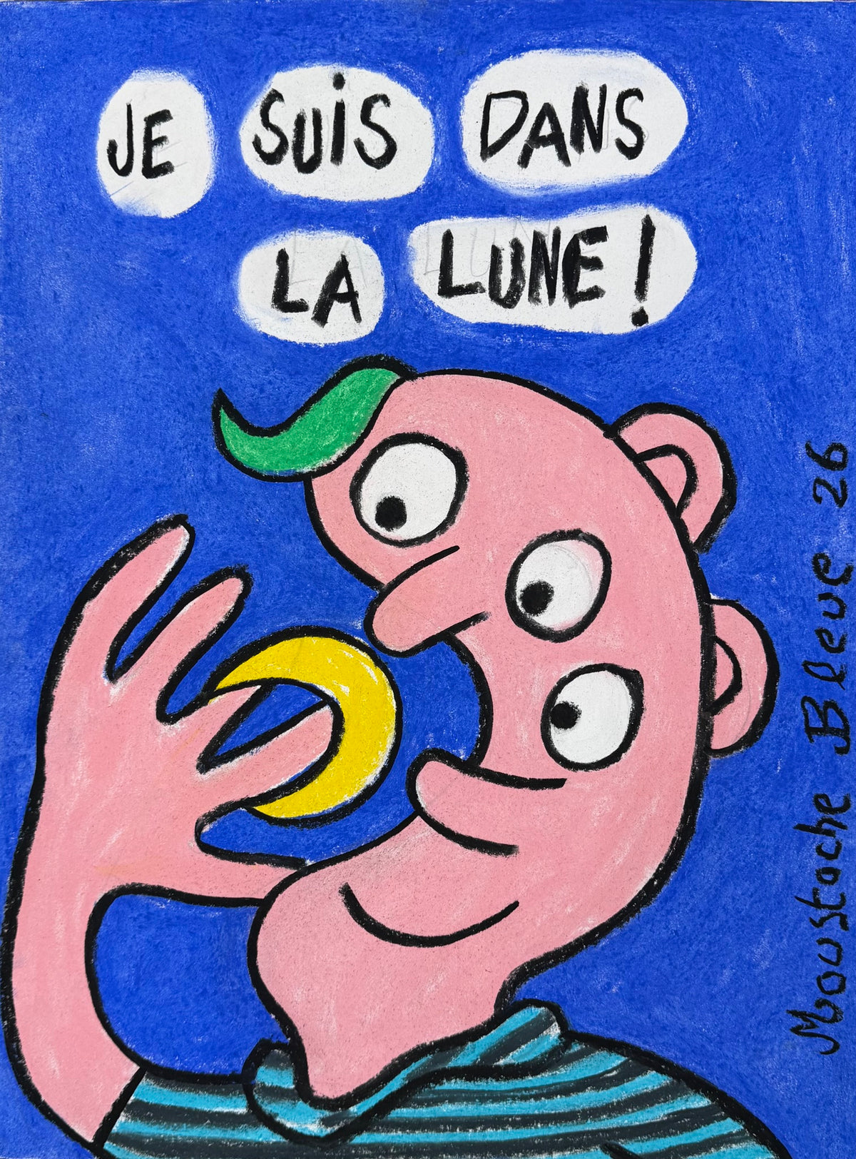 Dessin au pastel sur papier de Moustache Bleue, petit format 30 x 40 cm, style illustration, tons bleus