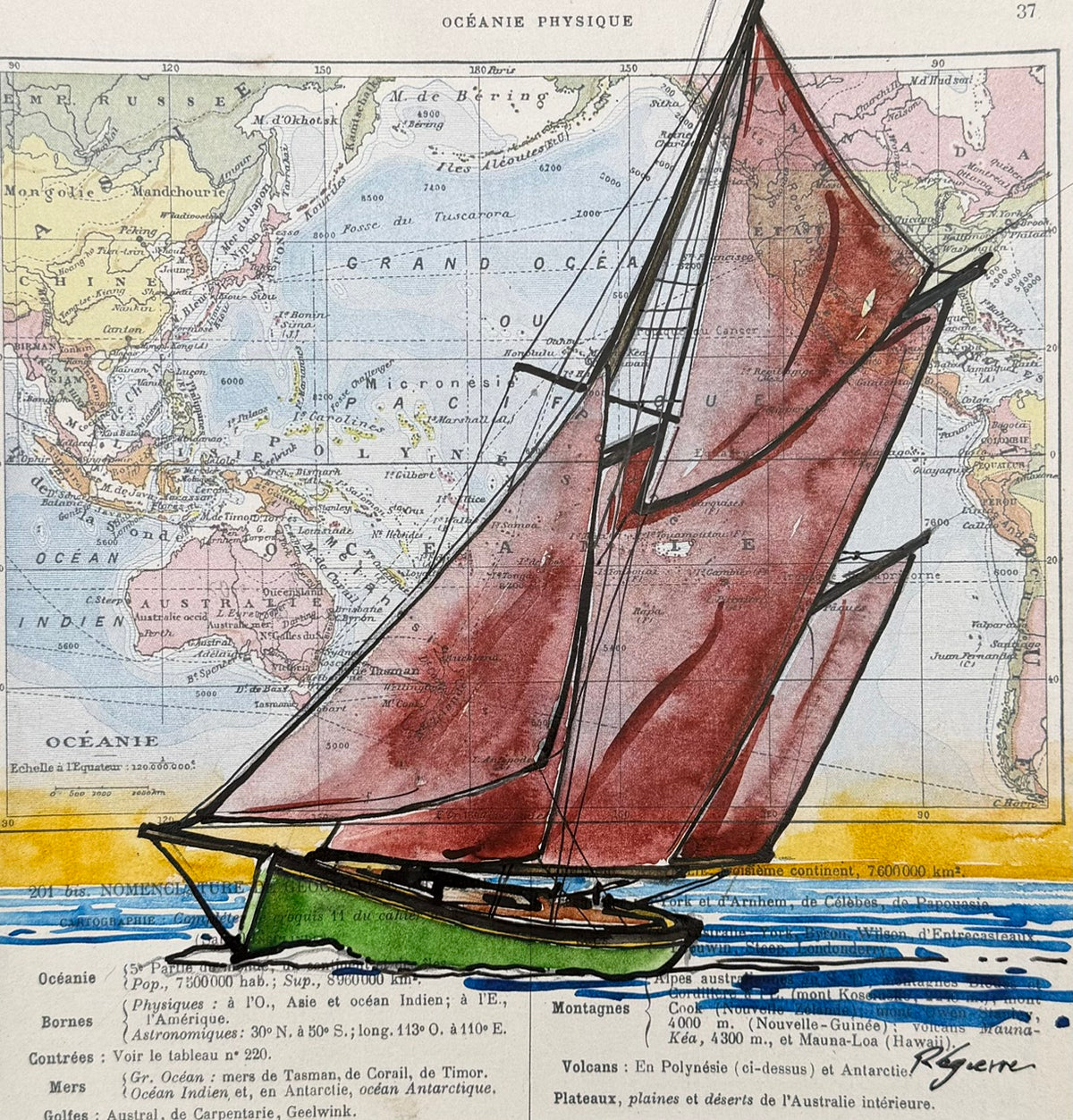 Dessin à l'encre de Chine et aquarelle sur papier représentant un paysage maritime, par Cyril Reguerre