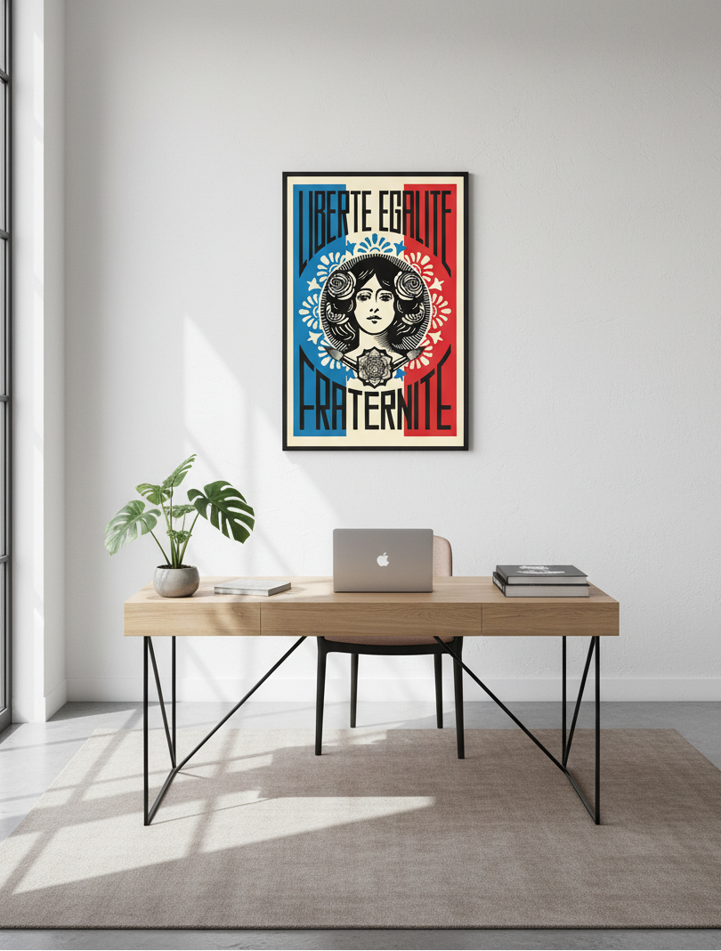 Edition d art LIBERTÉ EGALITÉ FRATERNITÉ de OBEY : SHEPARD FAIREY dans un intérieur – 61 × 92 cm