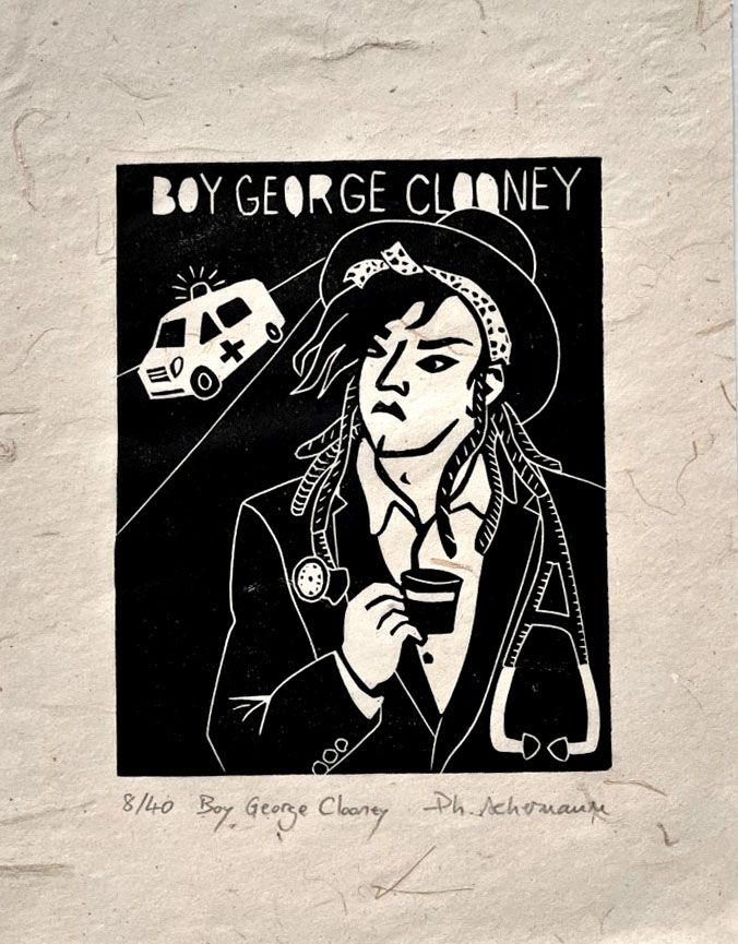 edition d art linogravure Boy George Clooney de Philippe Achermann, petit format 18 x 24 cm