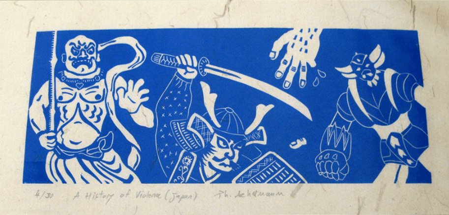 edition d art linogravure sur papier de Philippe Achermann, A History of Violence Japon, 38 x 19 cm