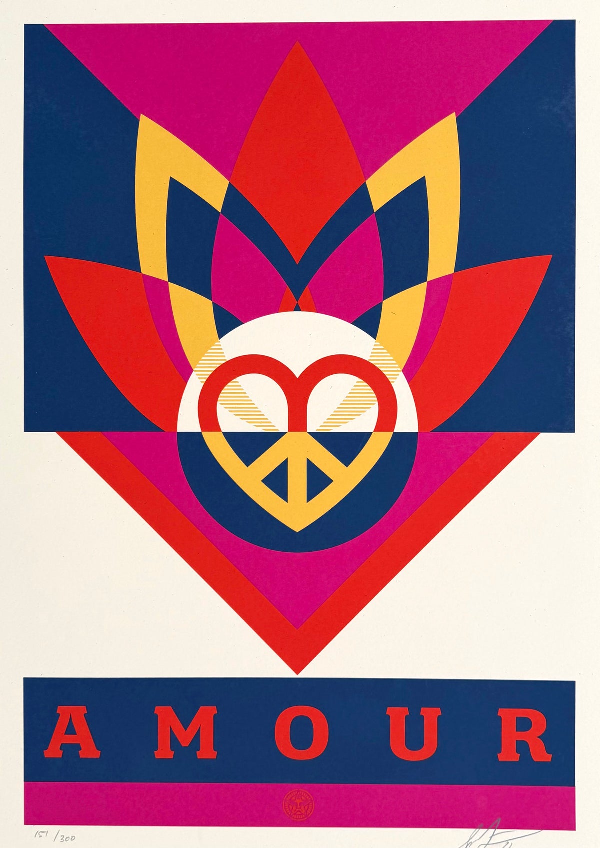 edition d art sérigraphie bleue et rose d'Obey Shepard Fairey intitulée Amour, 42 x 60 cm