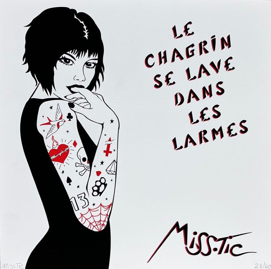 edition d art Miss Tic Le chagrin se lave dans les larmes noir et blanc 30x30 cm