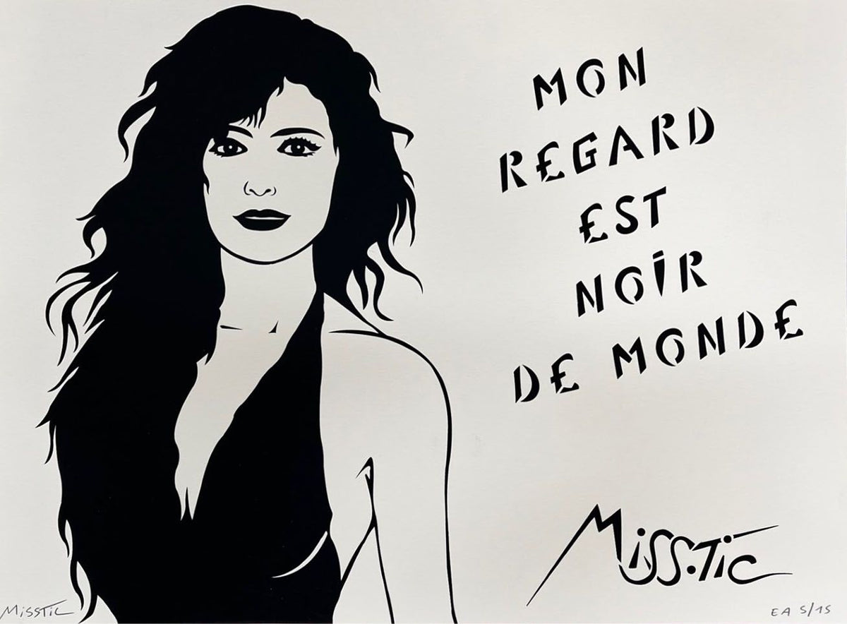 edition d art sérigraphie noir et blanc de Miss.Tic, Mon regard est noir de monde, 40 x 30 cm