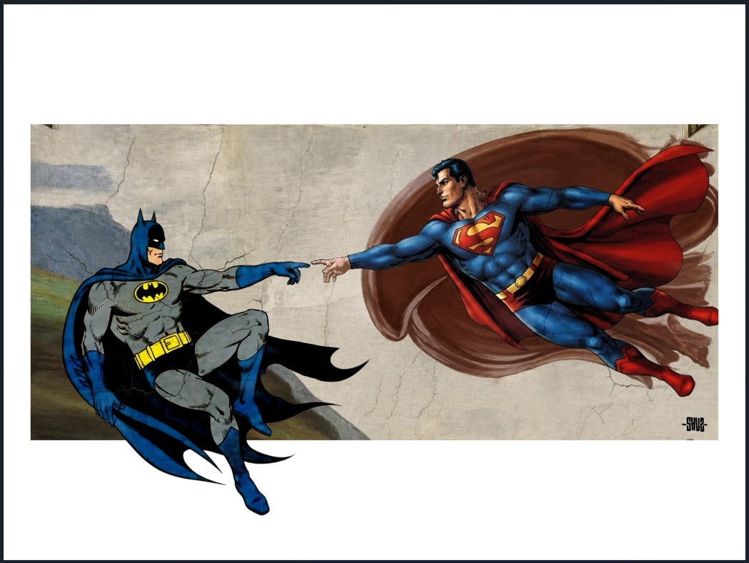 Edition d art Hyper Heros Batman et Superman de SHUZ, digigraphie rouge et bleu 30x40 cm