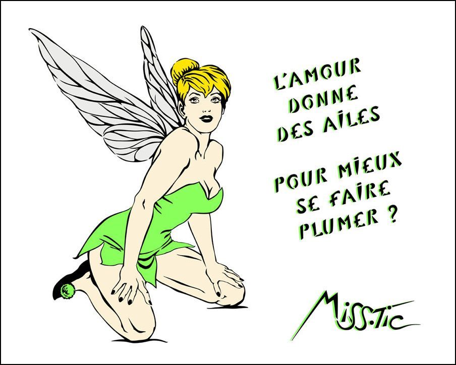 edition d art sérigraphie Miss Tic La Fée Clochette vert et blanc 50x40 cm