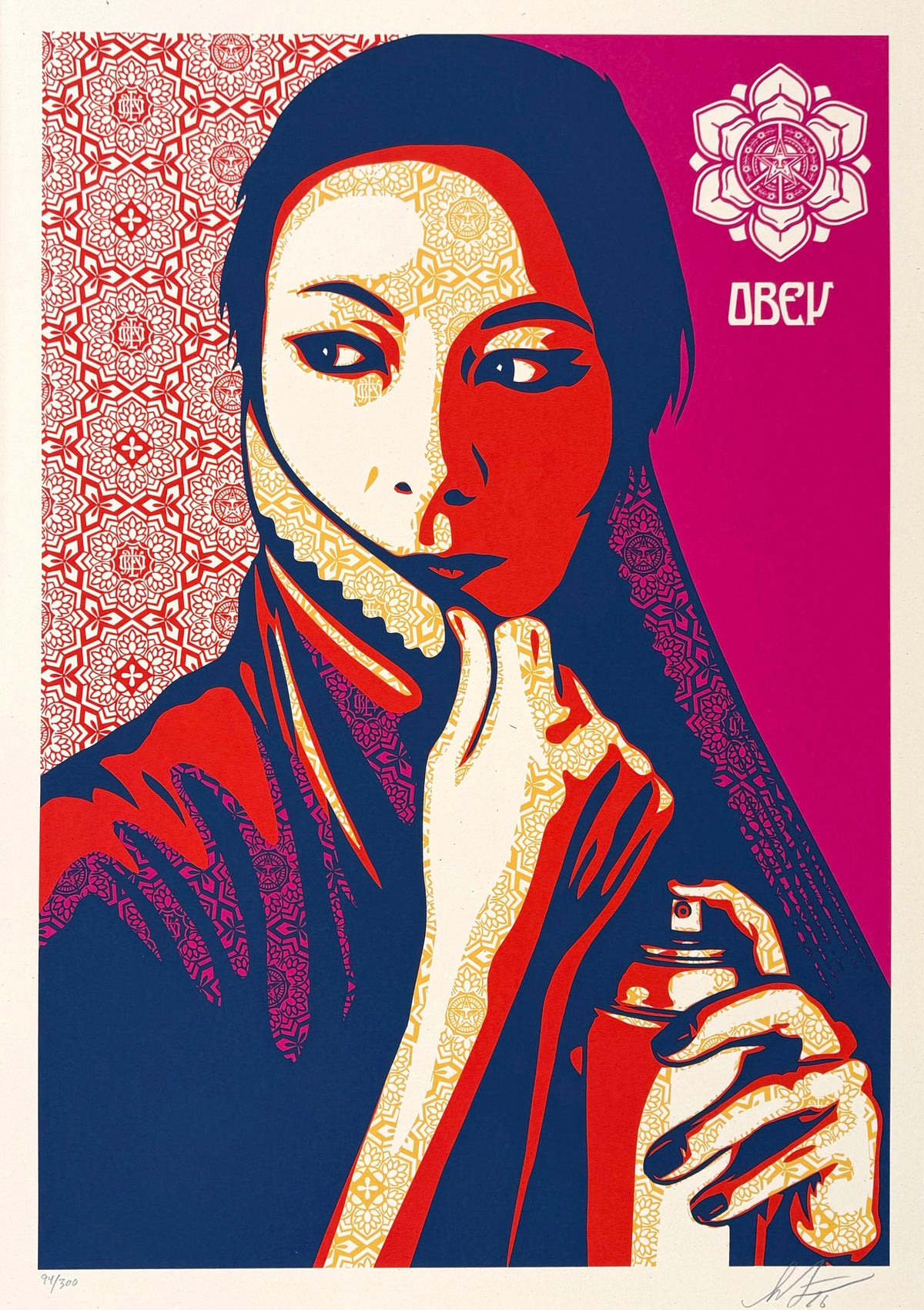 Edition d art sérigraphie sur papier Commanda de OBEY Shepard Fairey, bleu et rose, 42 x 60 cm