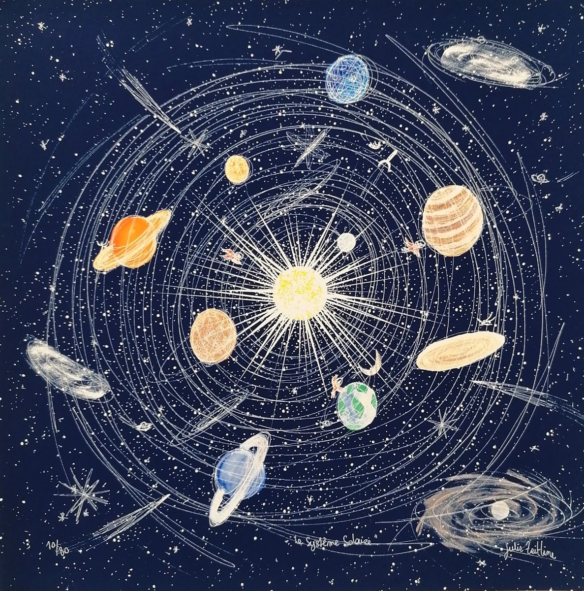 Estampe abstrait petit format LE SYSTEME SOLAIRE – JULIE ZEITLINE – 40 × 40 cm