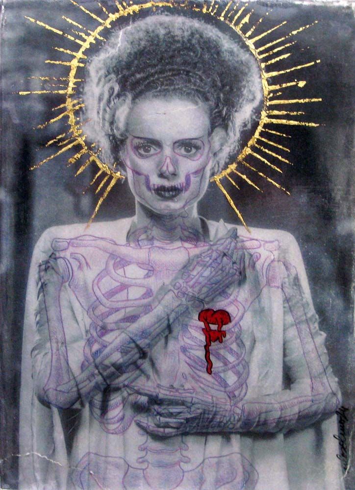 Estampe figuratif petit format noir et violet The bride of frankenstein – Carlos Olmo – 19 × 27 cm