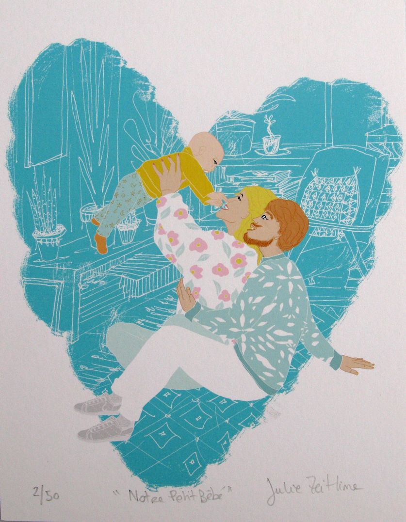 Estampe figuratif petit format vert NOTRE PETIT BÉBÉ – JULIE ZEITLINE – 18 × 24 cm