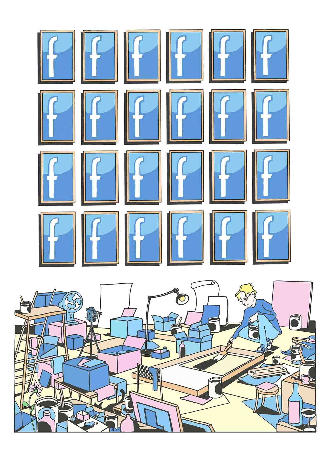 Estampe graphique moyen format bleu et rose 24 Heures Facebook – Mark Temlett – 50 × 70 cm