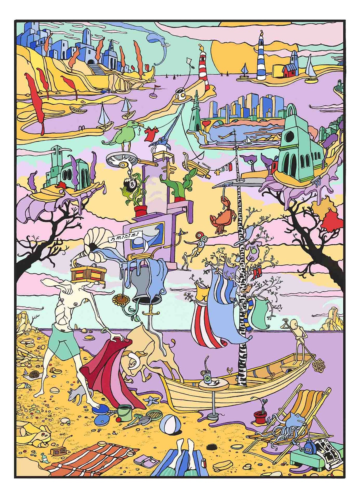 Estampe graphique moyen format rose et violet Paysages sur la Plage – Mark Temlett – 50 × 70 cm