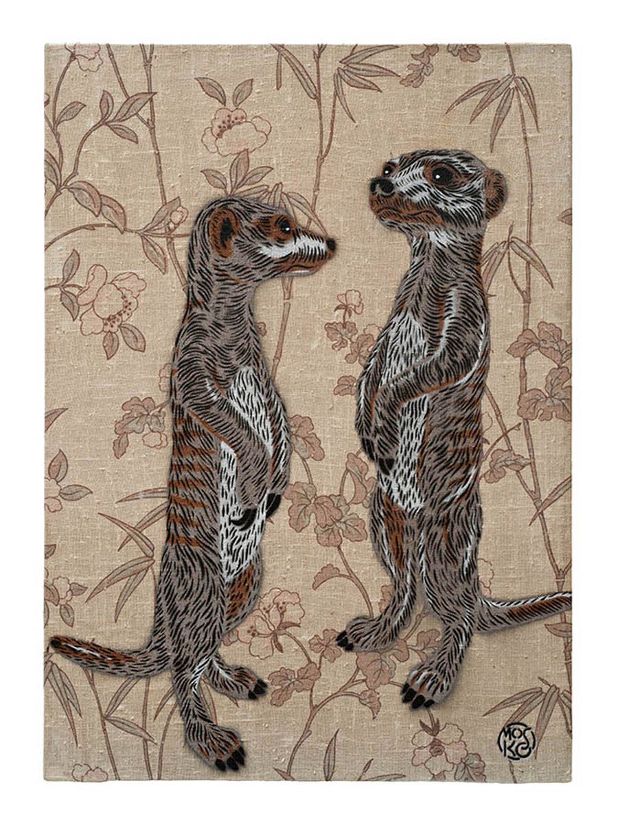 Estampe street art moyen format beige et marron SURICATES – MOSKO – 50 × 65 cm