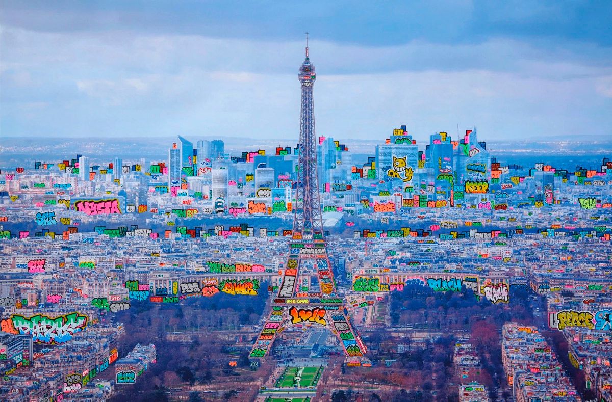 Estampe street art moyen format Paris panoramique bleu – BLACH – 60 × 90 cm