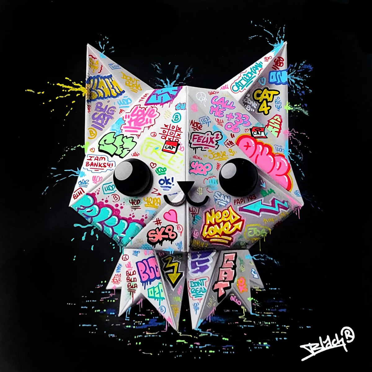 Estampe street art petit format noir Shadow Cat Origami Graffiti – BLACH – 40 × 4 cm