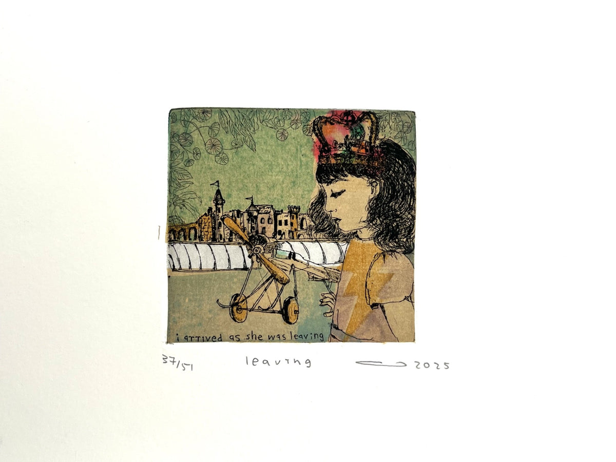 Gravure avion petit format ocre et violet leaving – ATSUKO ISHII – 21 × 15 cm
