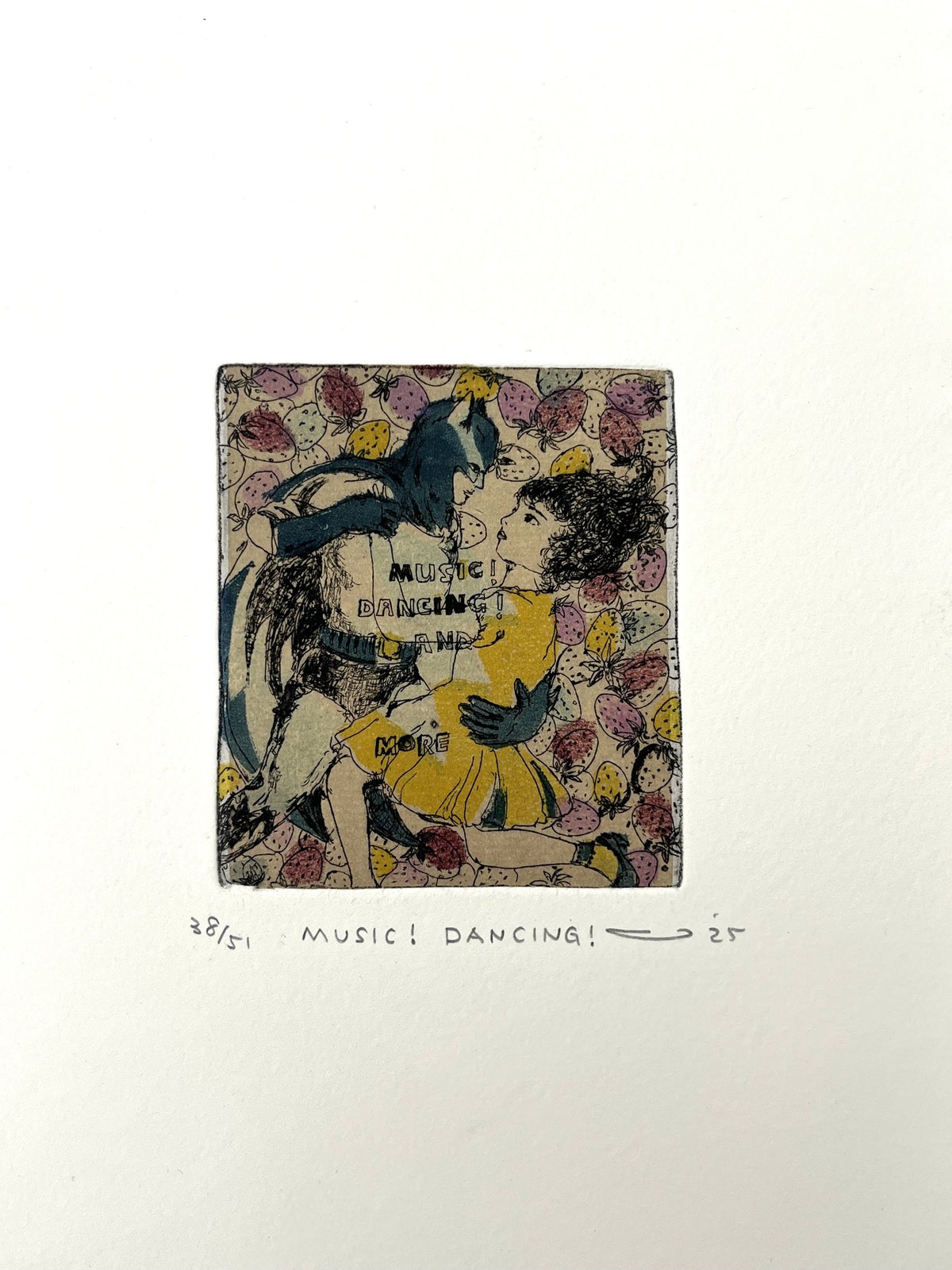 Gravure batman petit format ocre et vert MUSIC ! DANCING ! – ATSUKO ISHII – 21 × 15 cm