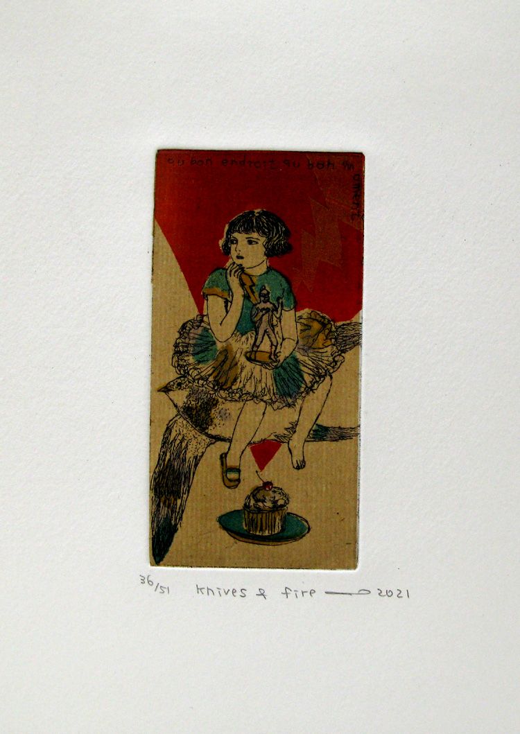 Gravure figuratif petit format Knives & Fire – ATSUKO ISHII – 15 × 21 cm
