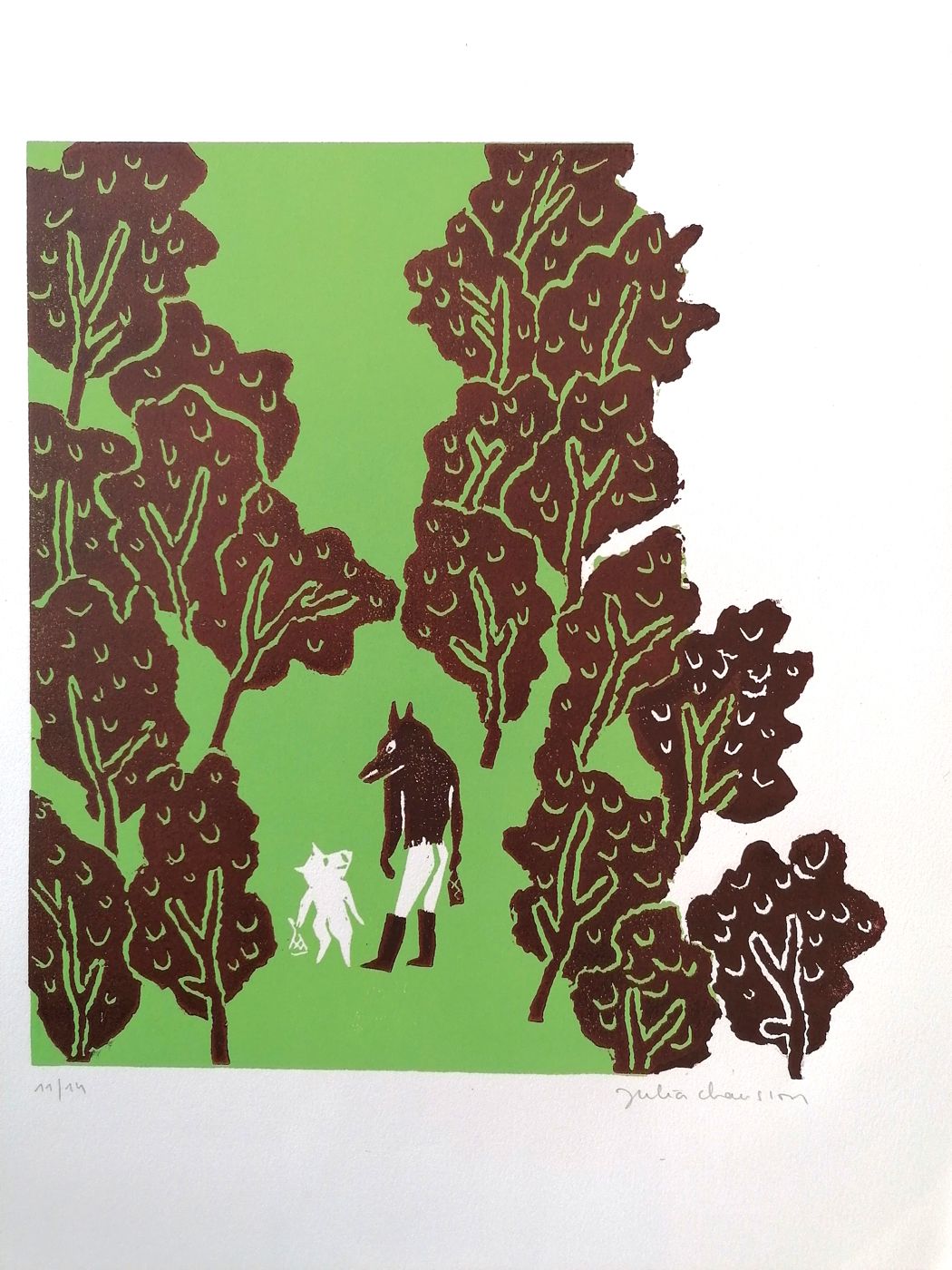 Gravure figuratif petit format marron et vert En chemin – JULIA CHAUSSON – 3 × 44 cm