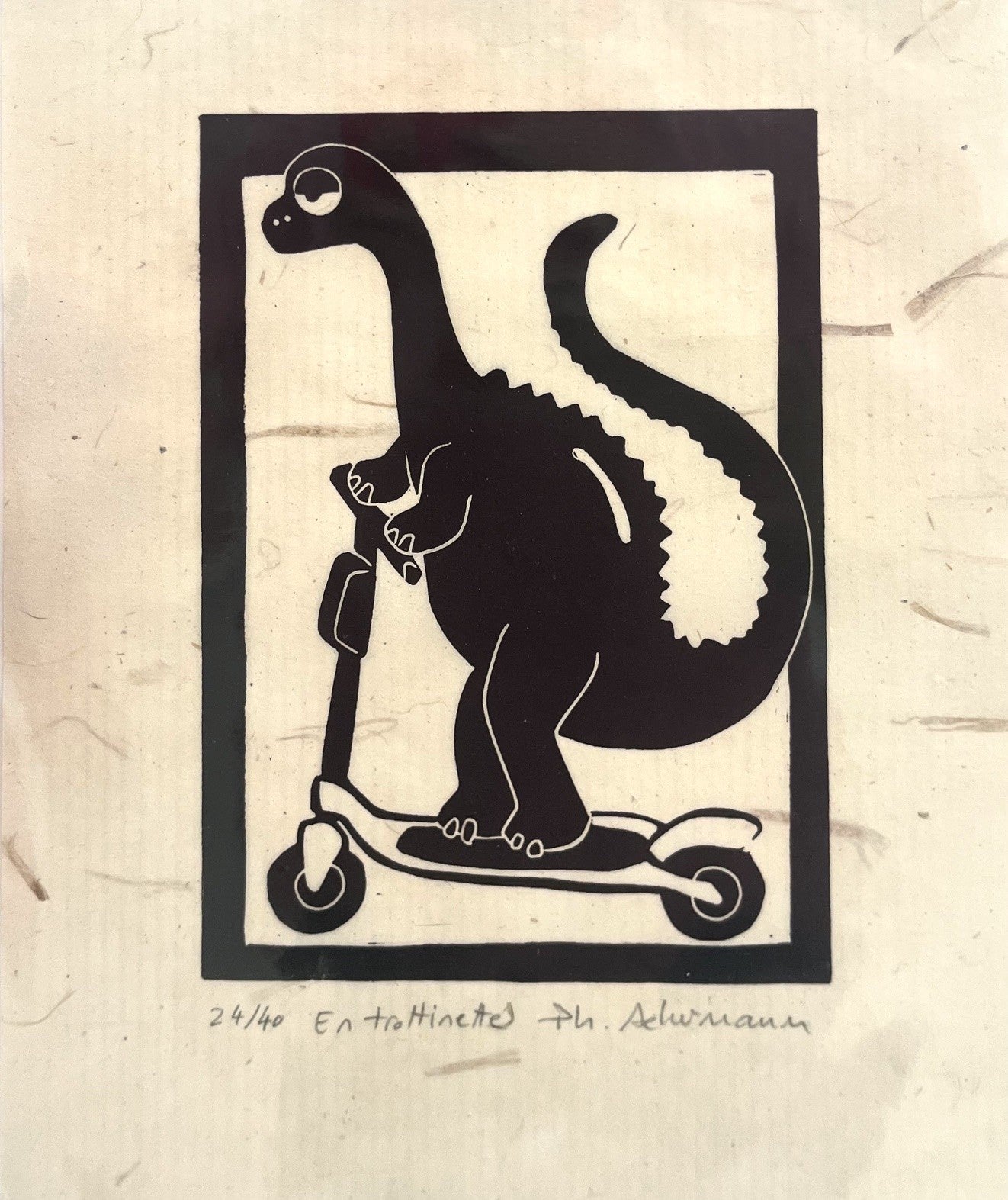 Gravure figuratif petit format noir EN TROTTINETTE – PHILIPPE ACHERMANN – 18 × 24 cm