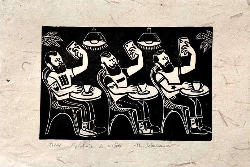 Gravure figuratif petit format noir EPIDÉMIE DE SELFIES – PHILIPPE ACHERMANN – 20 × 30 cm